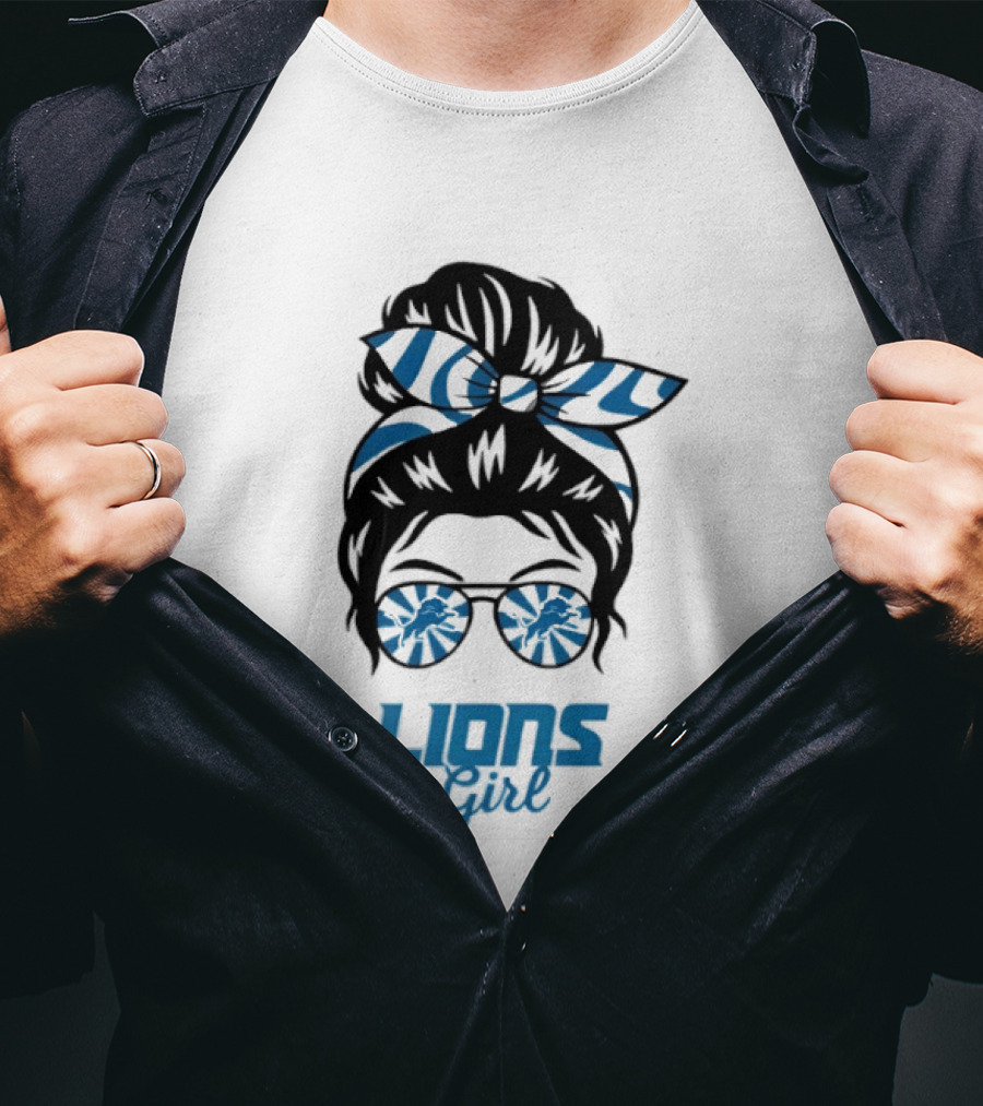 Detroit Lions Girl Glasses Messy Bun T-Shirt