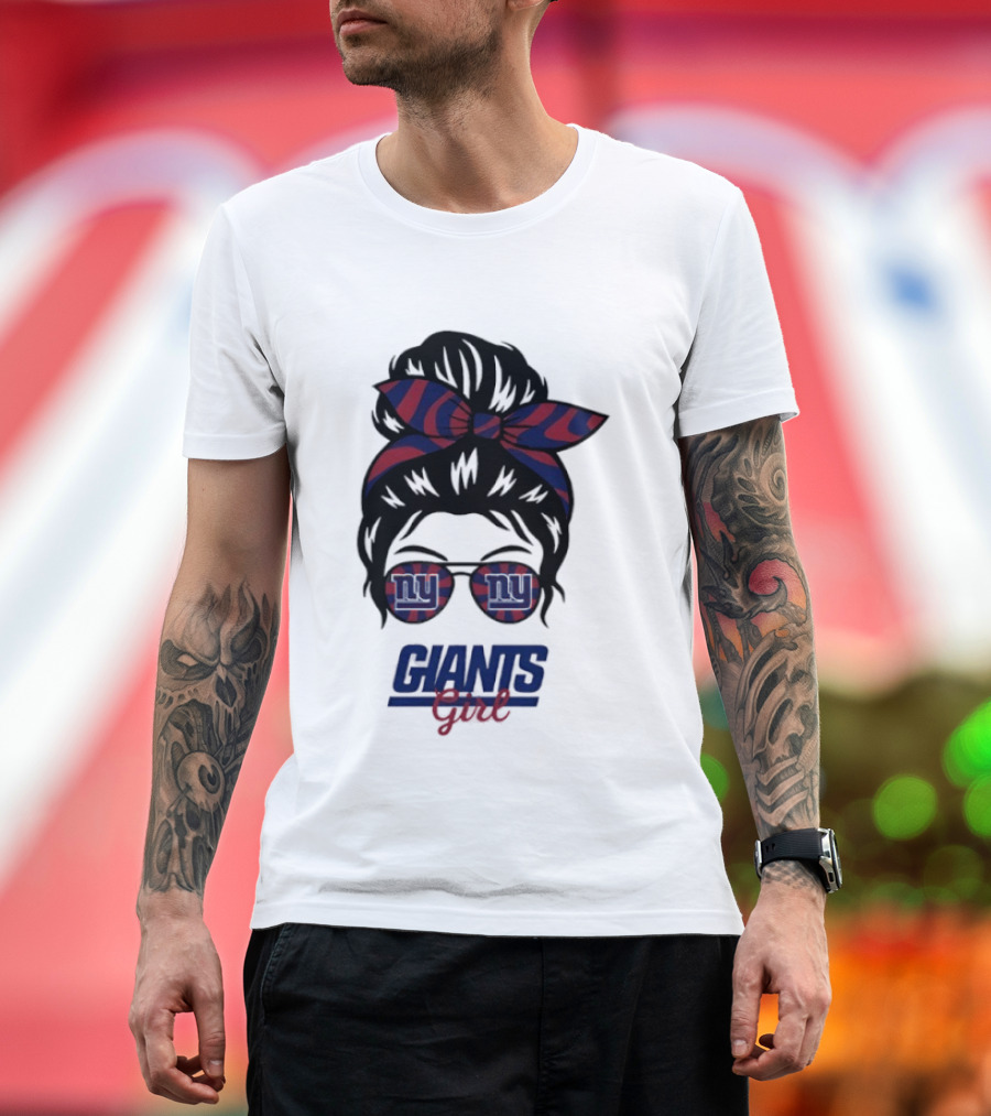 New York Giants Girl Messy Bun Glasses Bow T-Shirt
