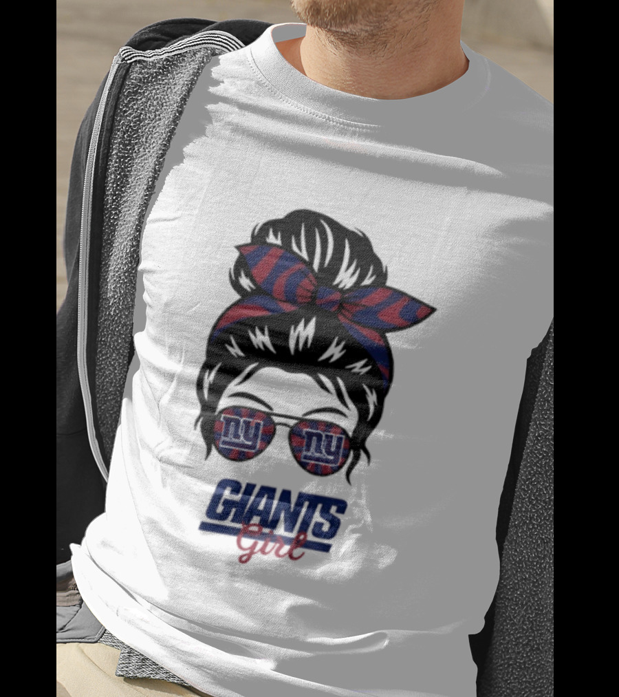New York Giants Girl Messy Bun Glasses Bow T-Shirt