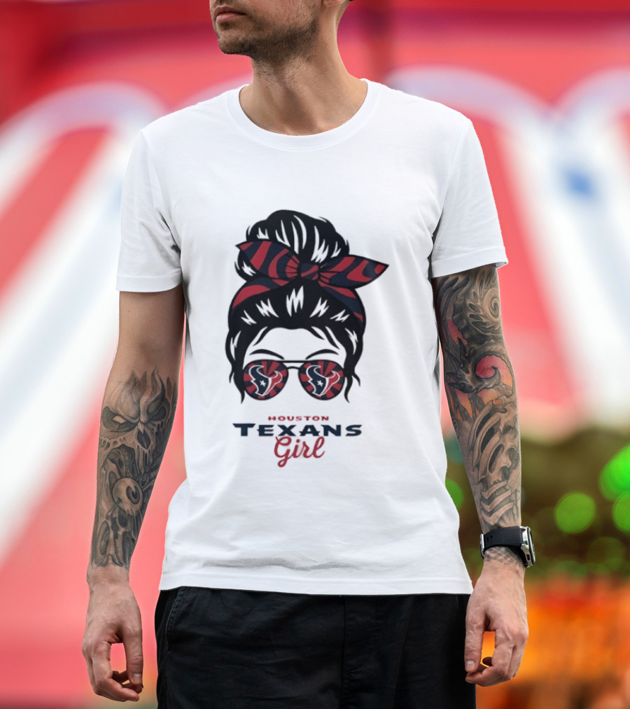 Houston Texans Girl Messy Bun Bow Sunglasses T-Shirt