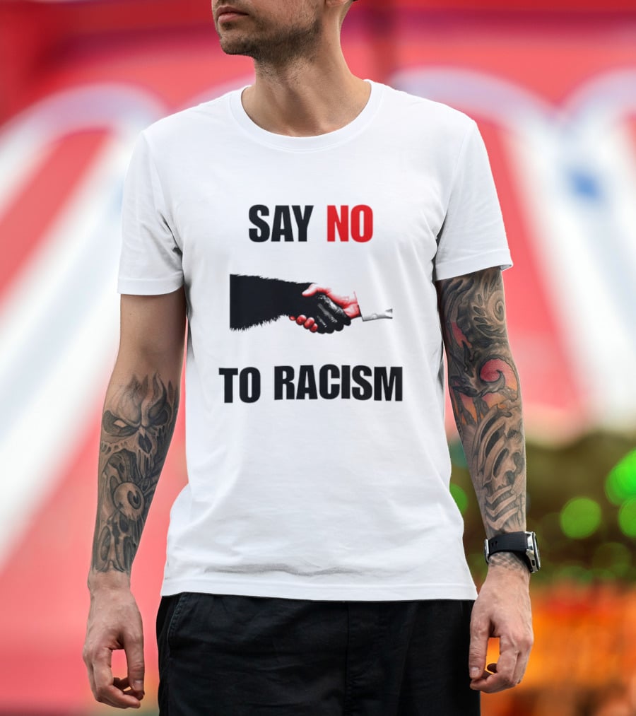 Say No To Racism Bigfoot Human Handshake Equality Message T-Shirt