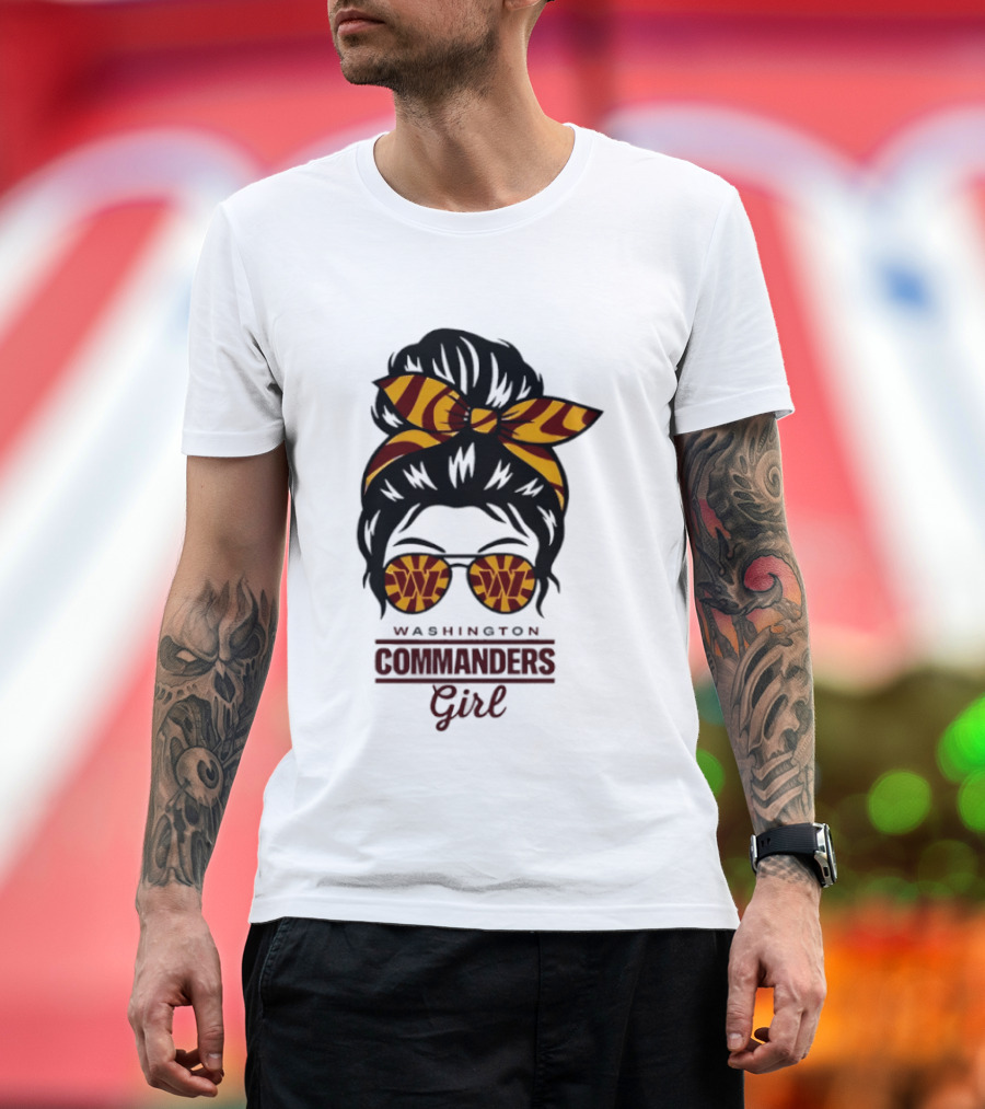 Washington Commanders Girl Messy Bun Glasses Football Fan T-Shirt