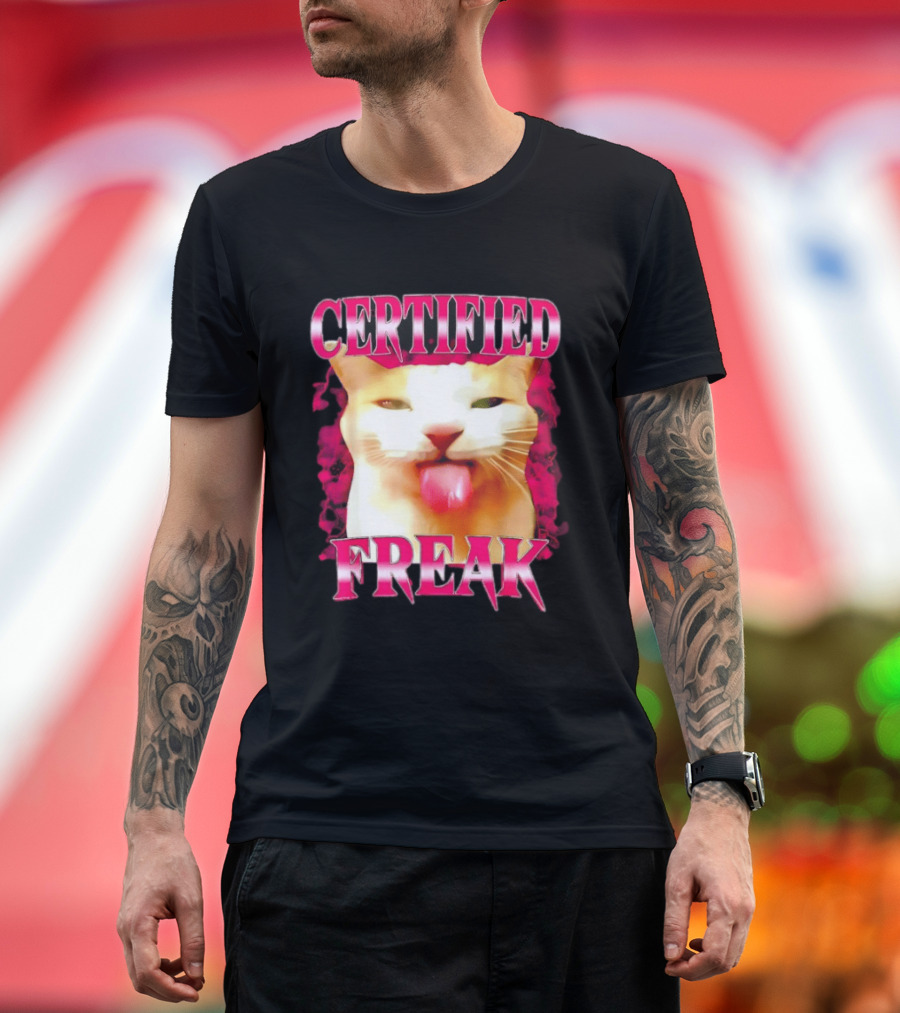 Certified Freak Cat Tongue Out Pink Edge T-Shirt