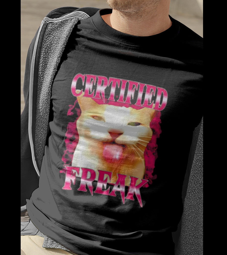 Certified Freak Cat Tongue Out Pink Edge T-Shirt