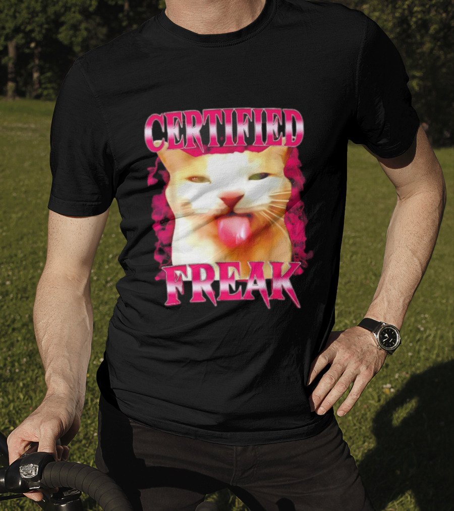 Certified Freak Cat Tongue Out Pink Edge T-Shirt