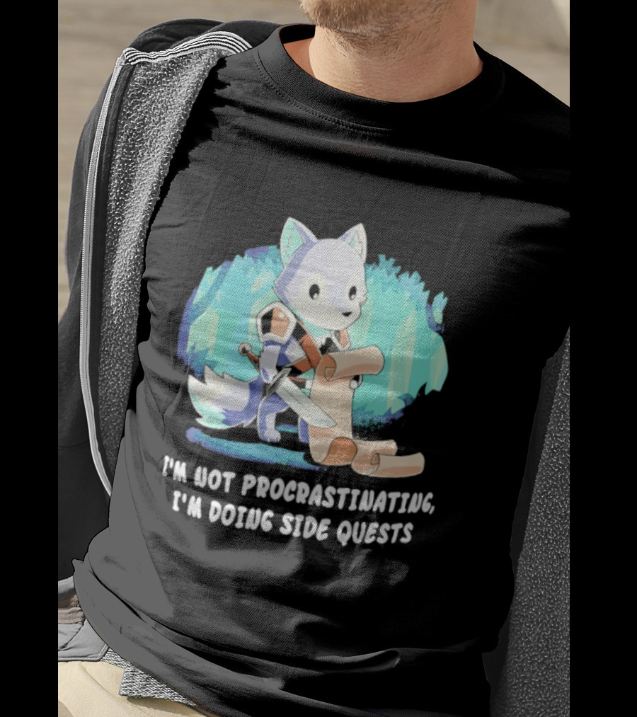 I'm Not Procrastinating I'm Doing Side Quests Cute Fantasy Wolf Cartoon T-Shirt