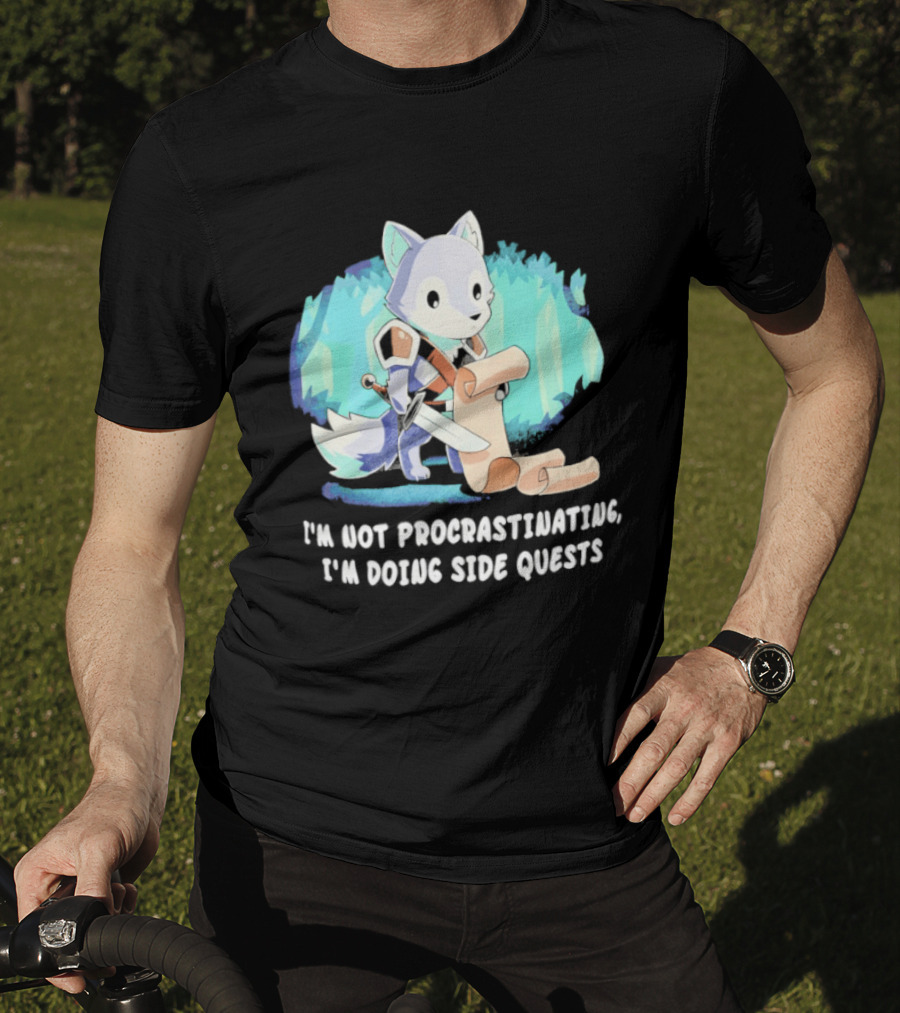 I'm Not Procrastinating I'm Doing Side Quests Cute Fantasy Wolf Cartoon T-Shirt