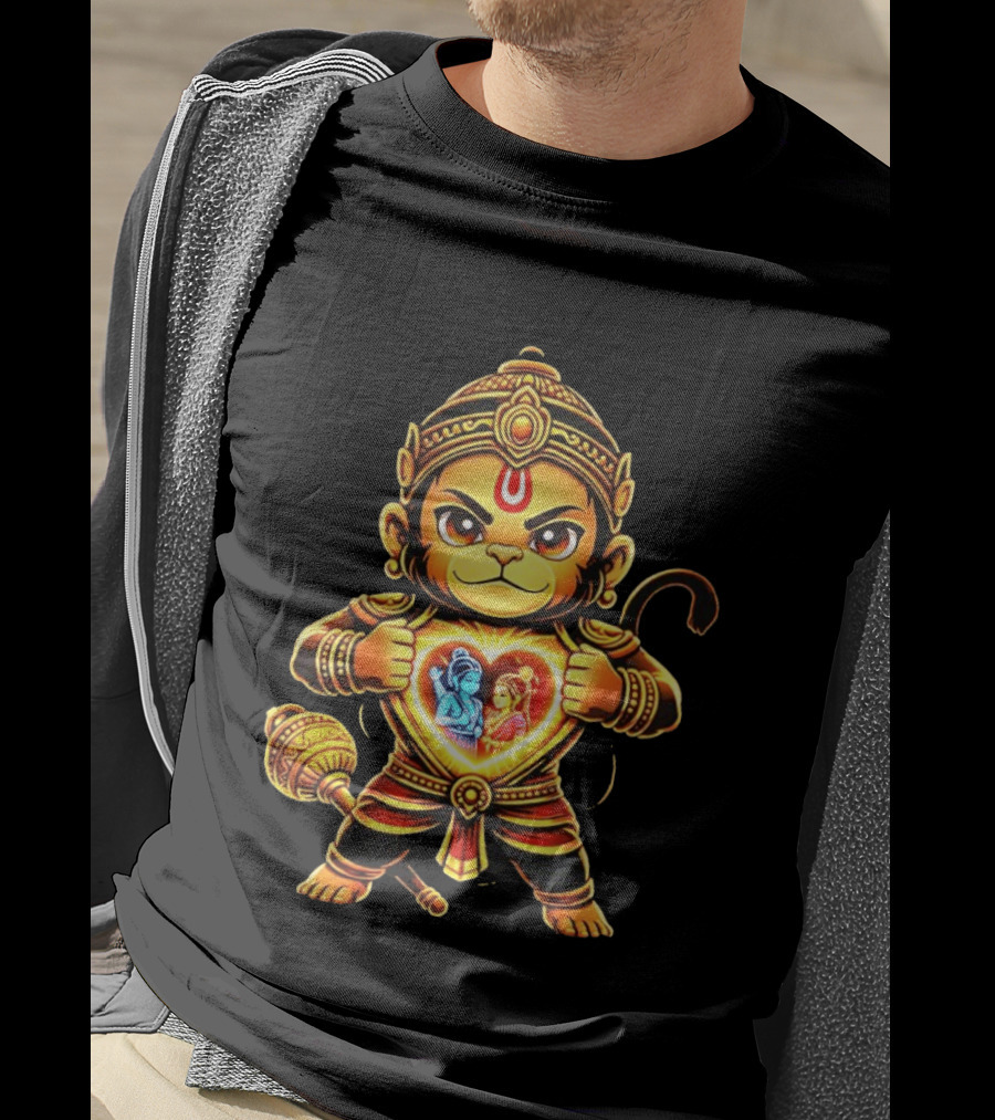 Hanumanji Hanuman Hindu Monkey God Devotee Illustration With Heart Symbol And Ram Sita T-Shirt
