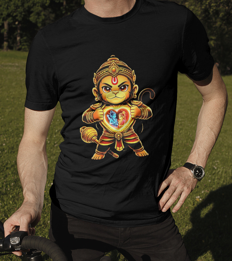 Hanumanji Hanuman Hindu Monkey God Devotee Illustration With Heart Symbol And Ram Sita T-Shirt