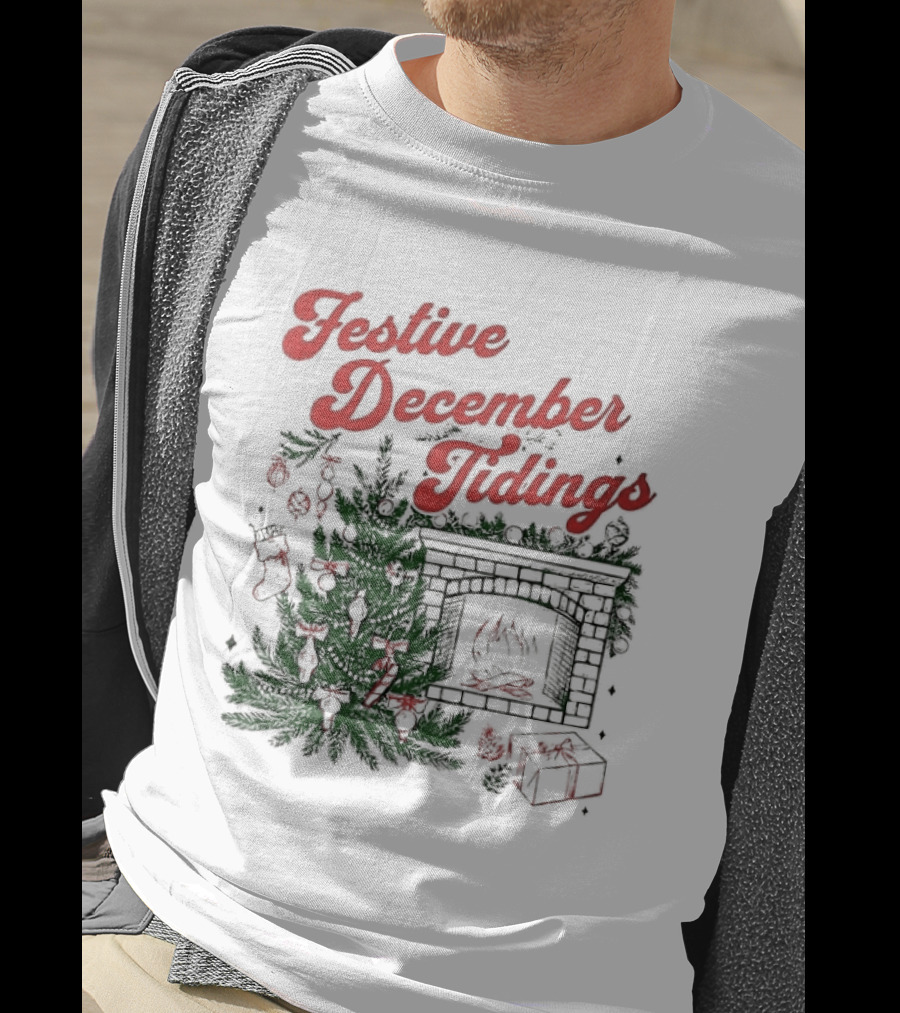 Festive December Tidings Christmas Tree Fireplace Holiday T-Shirt