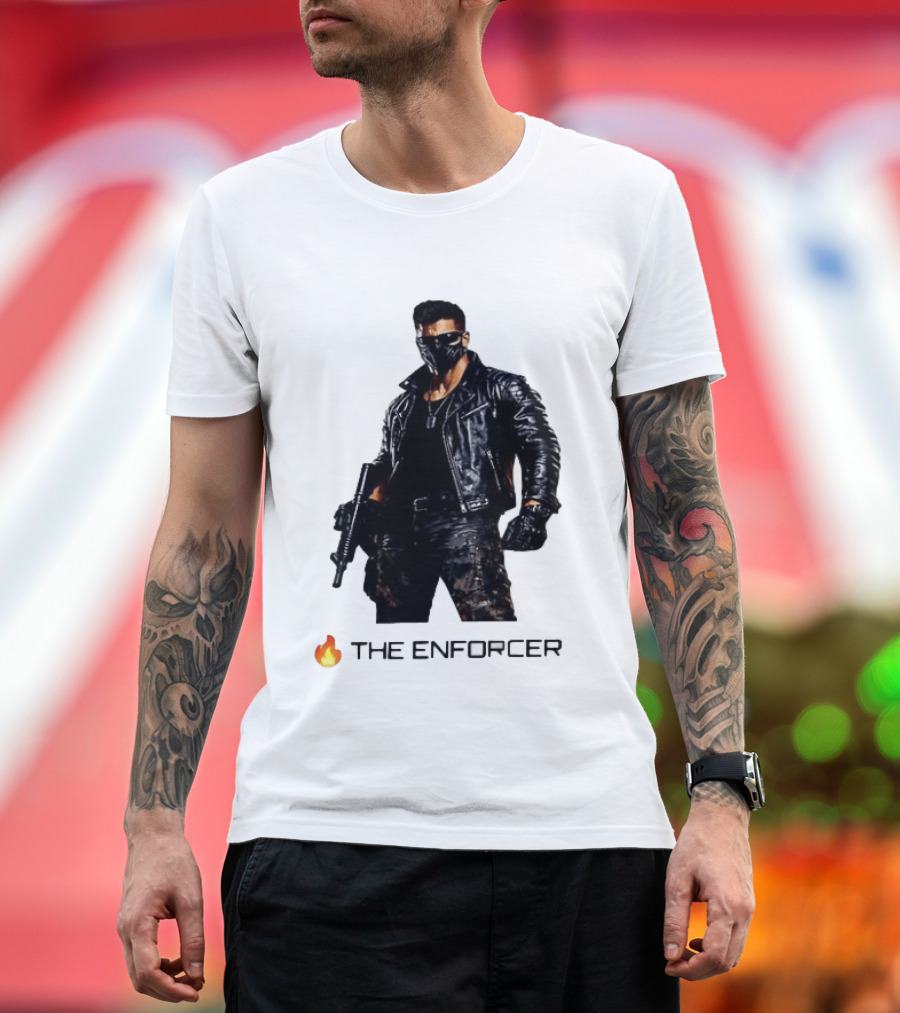 The Enforcer Leather Jacket Warrior With Mask And Fire T-Shirt