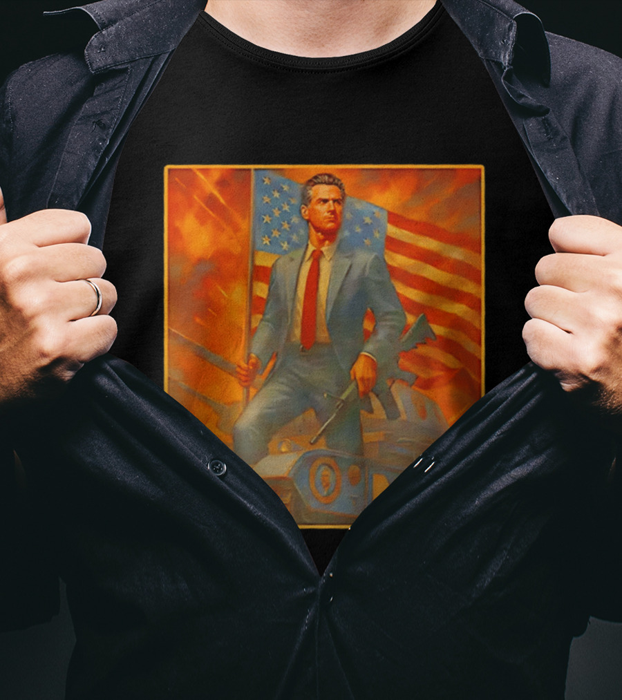 Gavin Newsome Tank Patriotic Flag Rifle News Scene T-Shirt