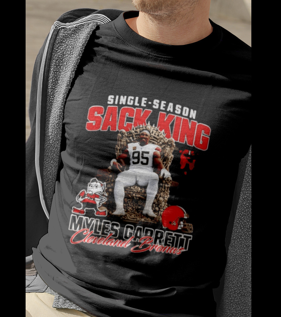 Single Season Sack King Myles Garrett Cleveland Browns 95 Throne Motif T-Shirt