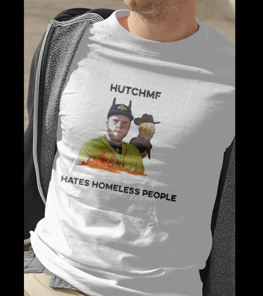Hutchmf Hates Homeless People Devil Horns Yellow Jersey Flames T-Shirt