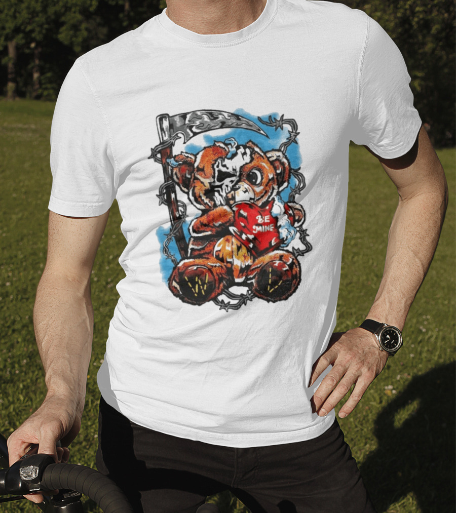 Warren Lotas Be Mine Teddy Grim Reaper Barbed Wire Valentine Scythe T-Shirt