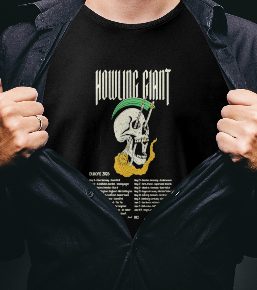 Howling Giant Europe 2026 Tour Dates Skull Skeleton Orion Sun Club Dates T-Shirt