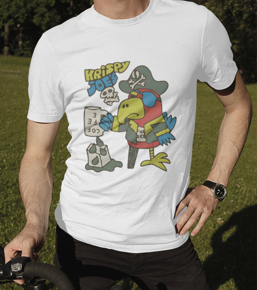 Krispy Joe's Pirate Parrot Coffee Spill Cartoon T-Shirt