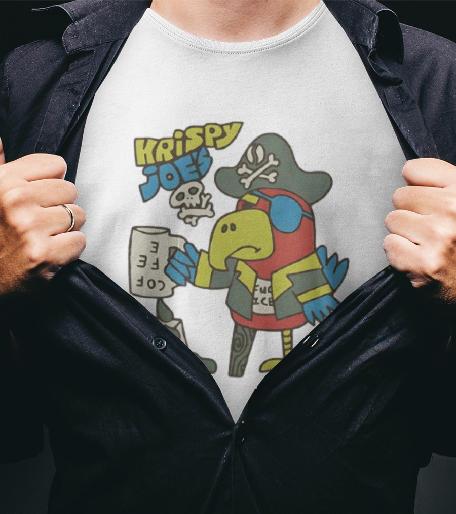 Krispy Joe's Pirate Parrot Coffee Spill Cartoon T-Shirt