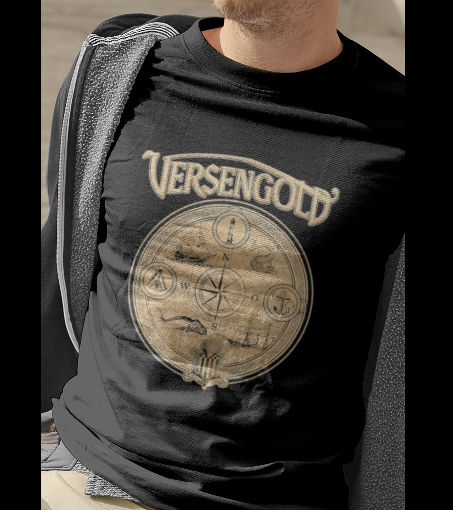 Versengold Nautical Compass Map With Ship Whale Anchor Lighthouse Chart T-Shirt