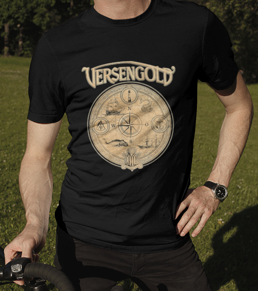 Versengold Nautical Compass Map With Ship Whale Anchor Lighthouse Chart T-Shirt