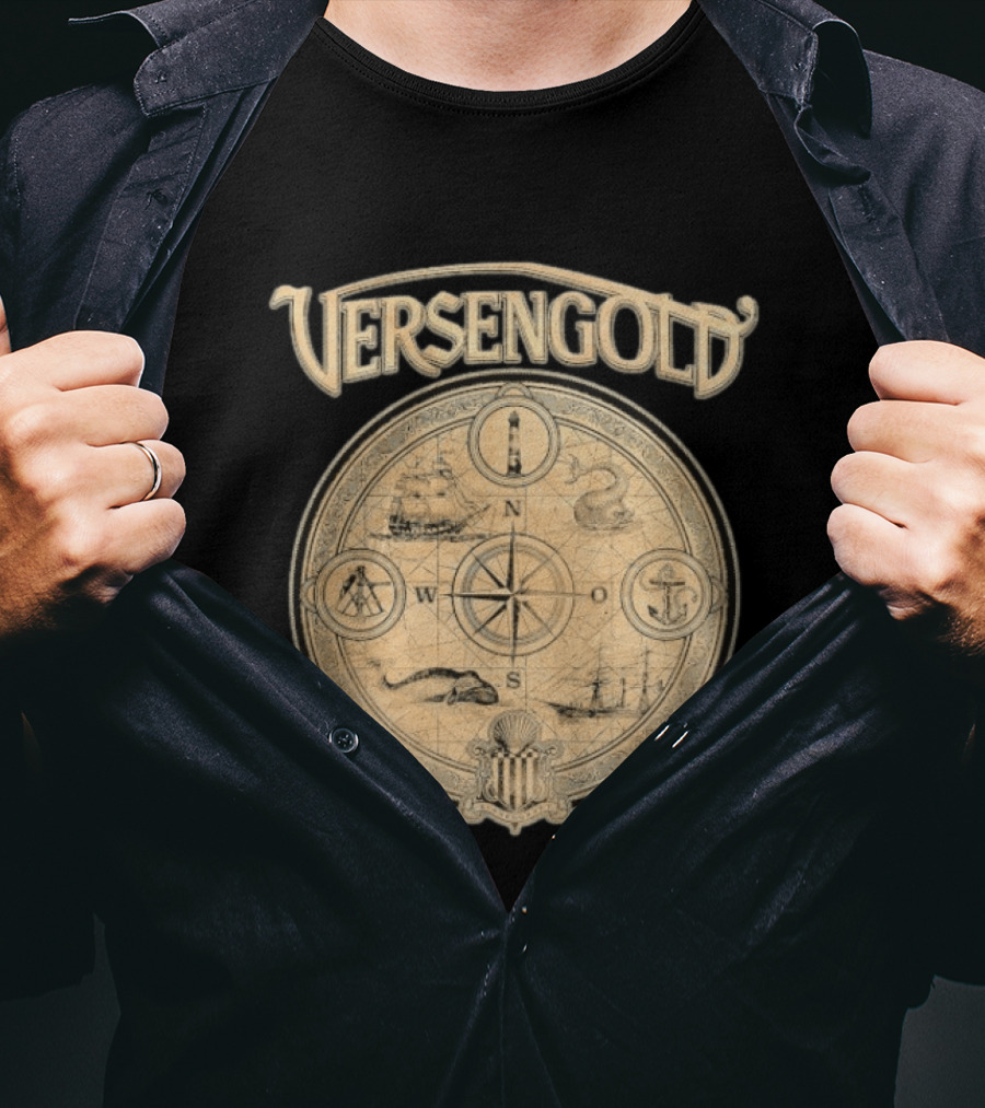 Versengold Nautical Compass Map With Ship Whale Anchor Lighthouse Chart T-Shirt