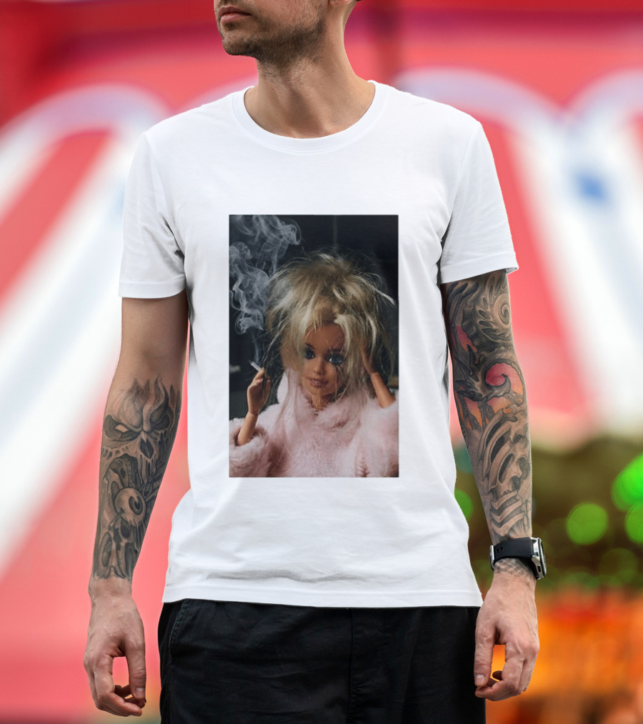 Cigarette Smoking Barbie Doll In Pink Fur Coat T-Shirt