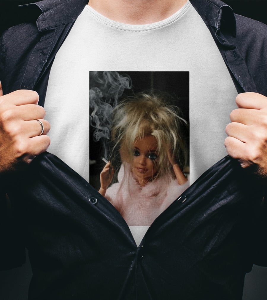 Cigarette Smoking Barbie Doll In Pink Fur Coat T-Shirt