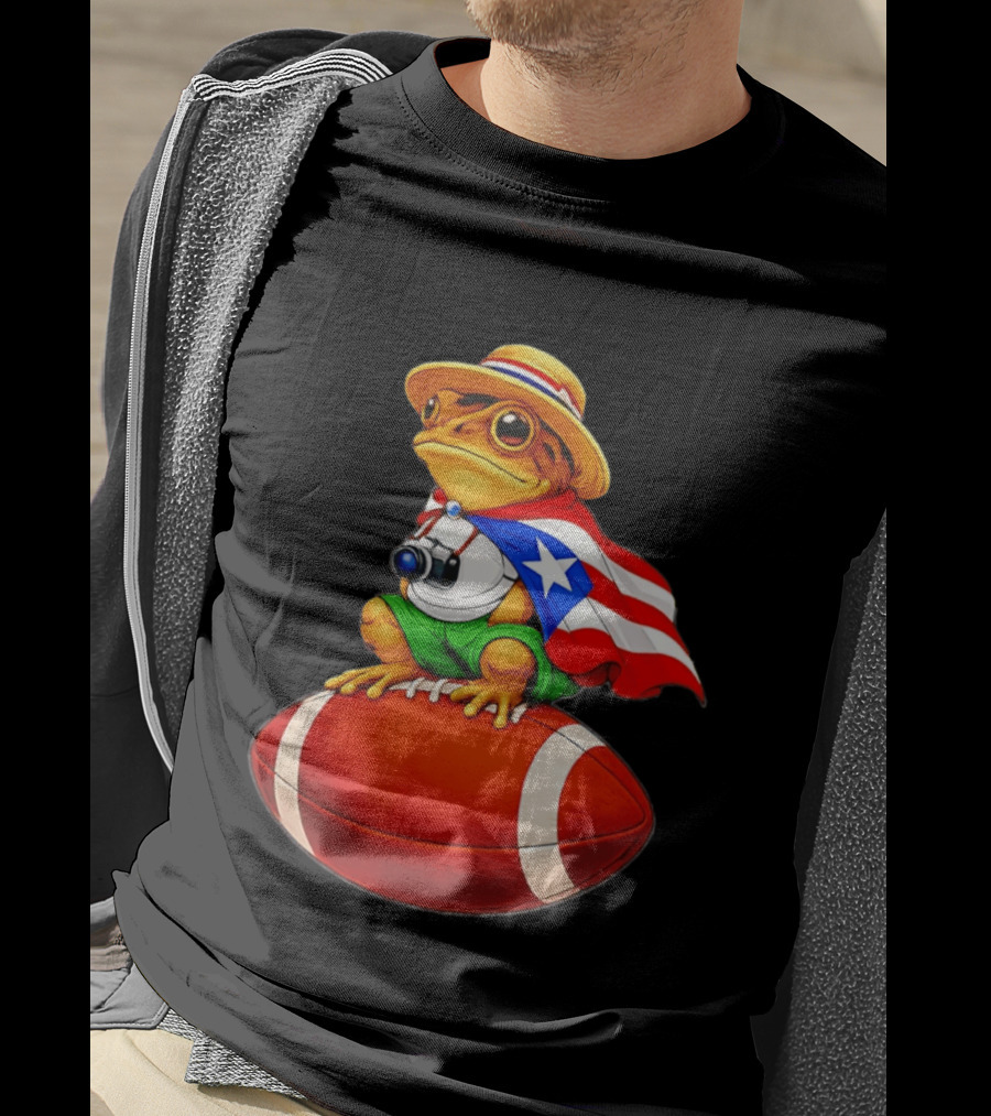 Puerto Rico Coqui Frog With Hat And Flag Sitting On Football T-Shirt