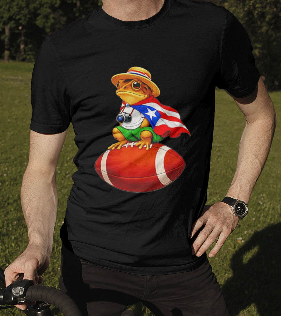 Puerto Rico Coqui Frog With Hat And Flag Sitting On Football T-Shirt