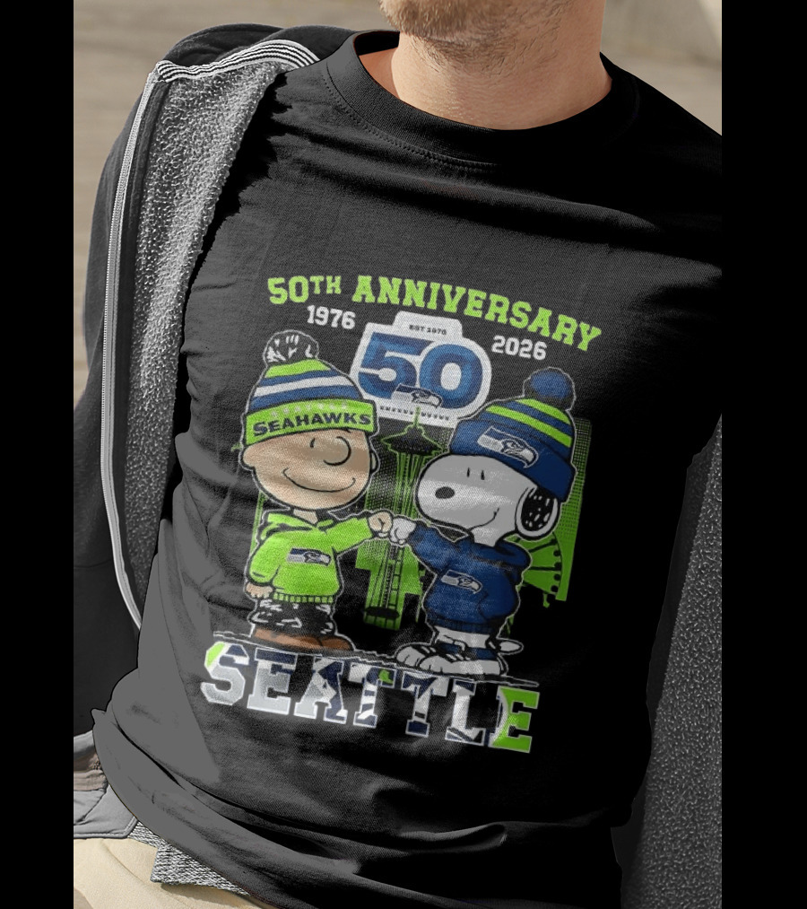 Seattle Seahawks 50th Anniversary 1976 2026 Charlie Brown Snoopy T-Shirt