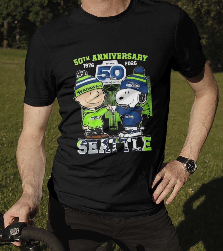 Seattle Seahawks 50th Anniversary 1976 2026 Charlie Brown Snoopy T-Shirt