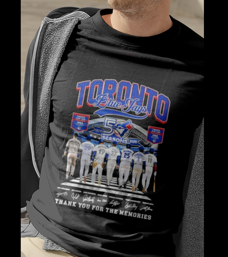 Toronto Blue Jays Blue 50 Seasons 1977 To 2026 Commemorative Signatures Thank You For The Memories T-Shirt