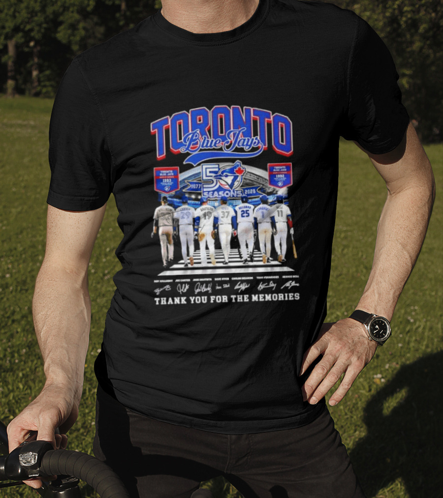 Toronto Blue Jays Blue 50 Seasons 1977 To 2026 Commemorative Signatures Thank You For The Memories T-Shirt