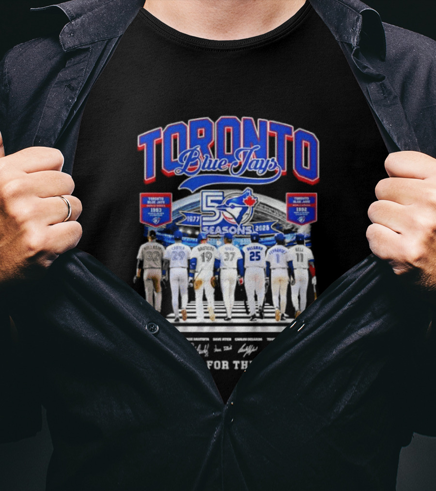 Toronto Blue Jays Blue 50 Seasons 1977 To 2026 Commemorative Signatures Thank You For The Memories T-Shirt