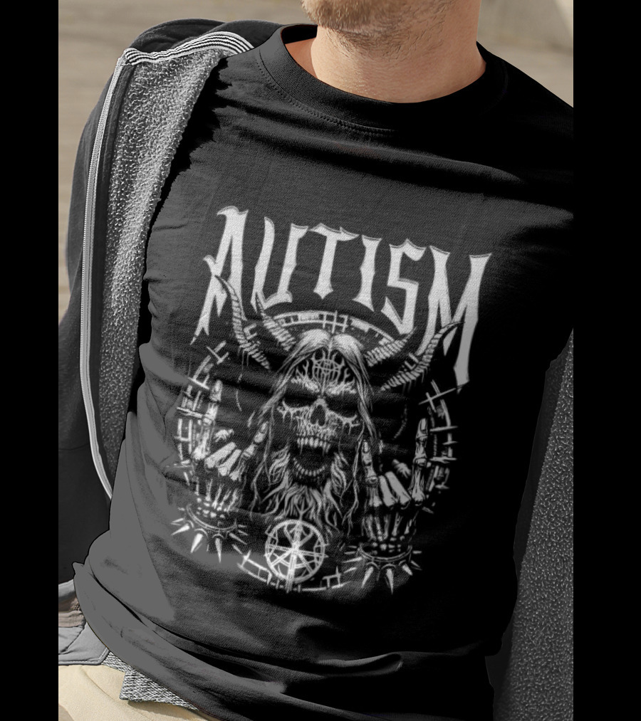 Autism Skull Punk Rock Symbol With Skeleton Hands T-Shirt