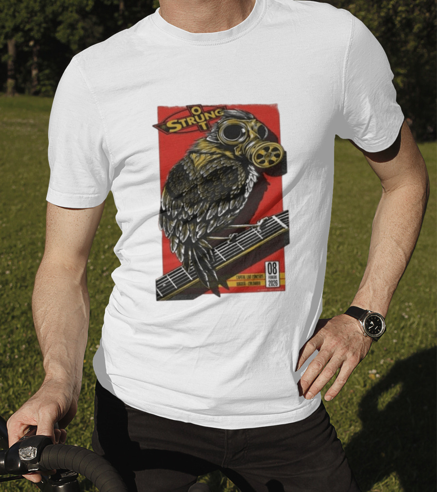 Strung Out Feb 8 2026 Bogota Colombia Bird Gas Mask Concept Concert Tour T-Shirt