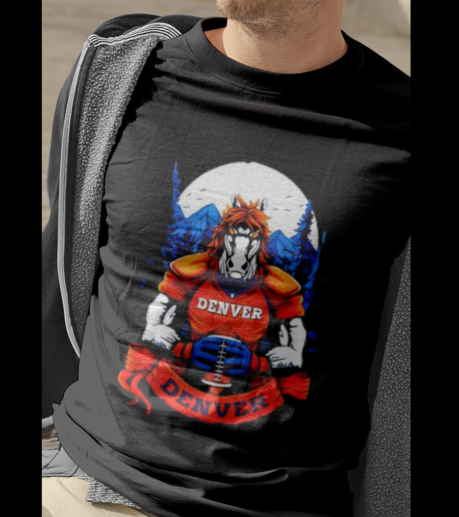 Denver Broncos Wild Horse Football Player With Mountains And Trees T-Shirt