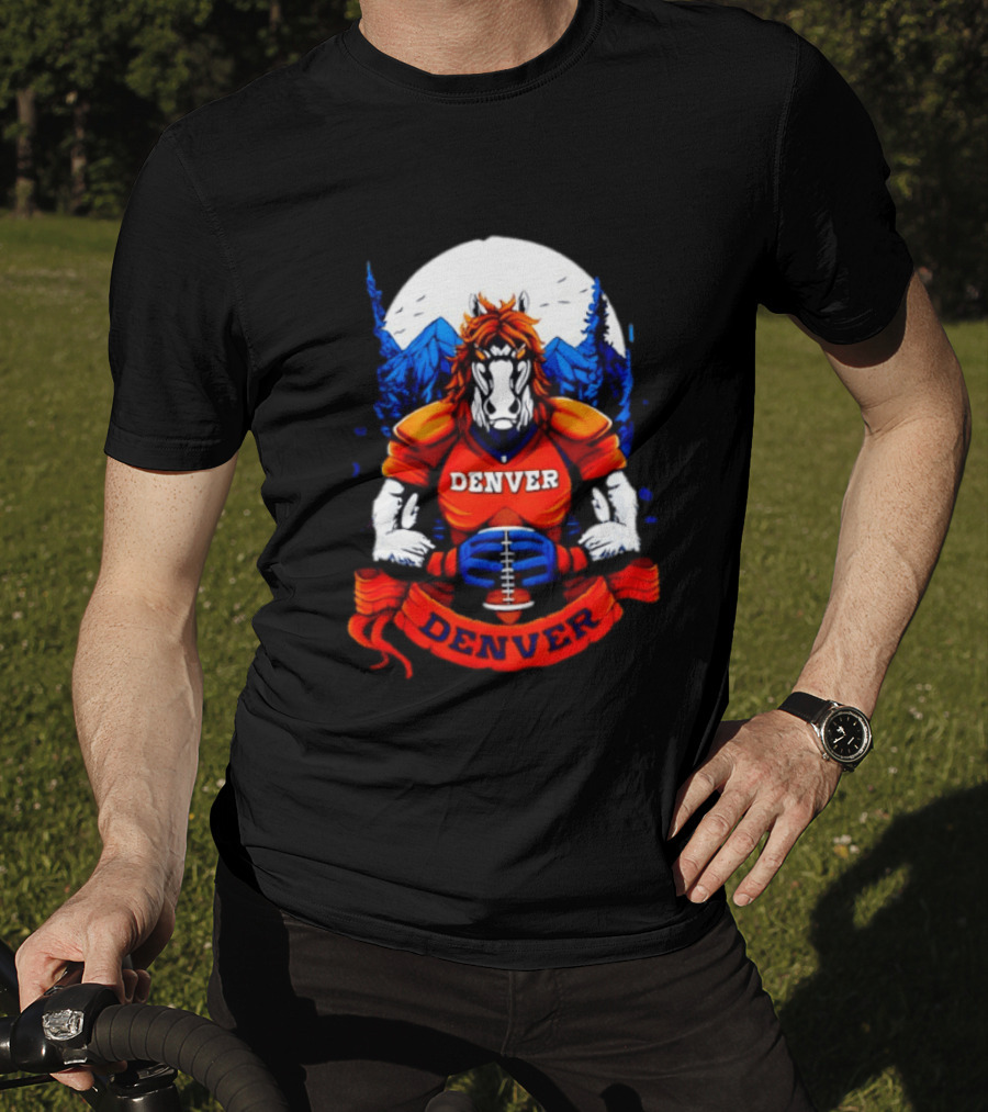 Denver Broncos Wild Horse Football Player With Mountains And Trees T-Shirt
