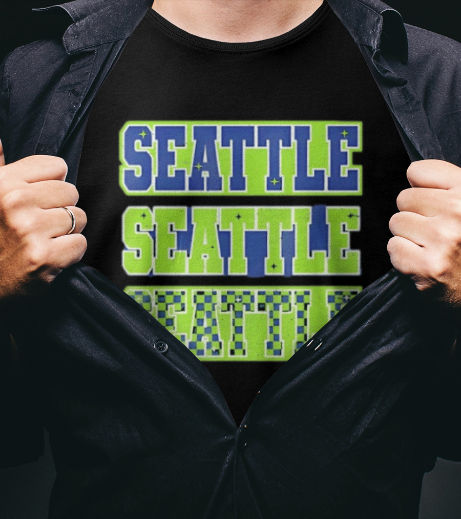 Seattle Blue Green Stars Checkerboard T-Shirt