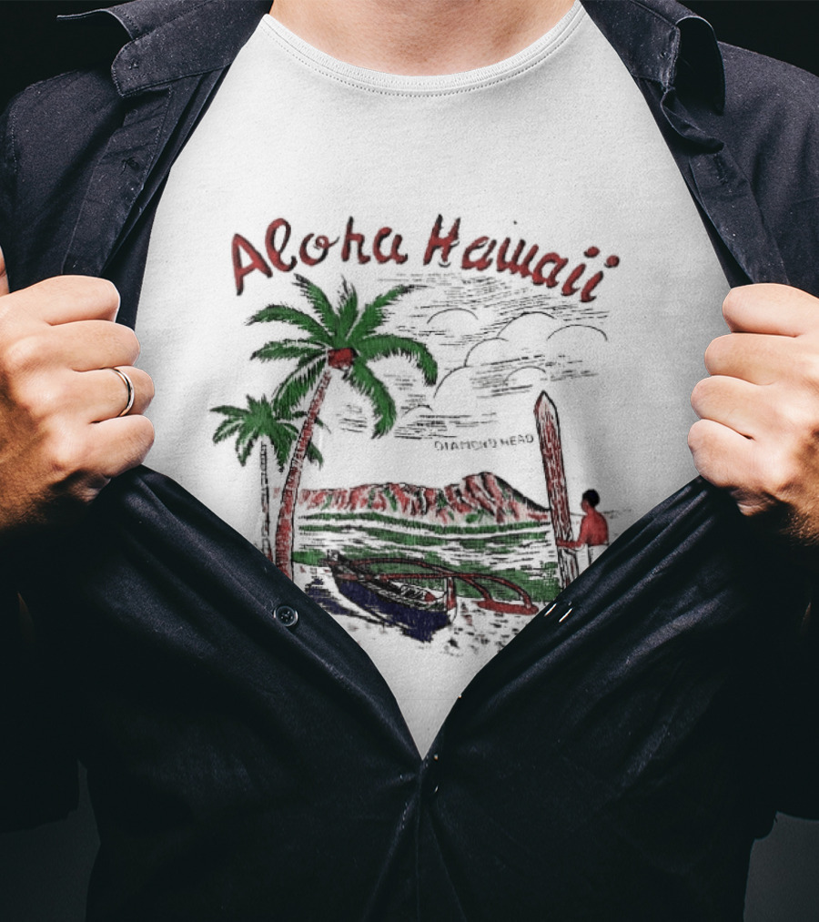 BTS Taehyung Aloha Hawaii Diamond Head 1960 Palm Trees Surfer Scene T-Shirt