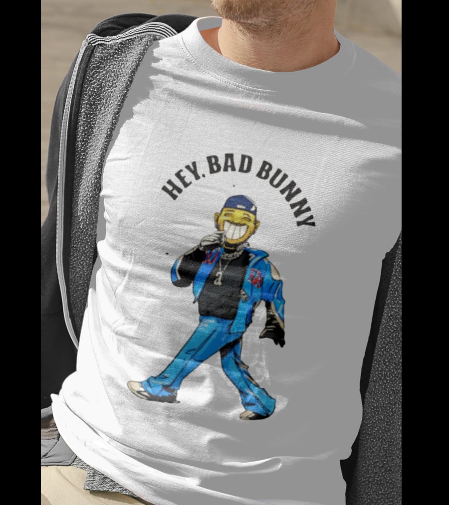 HEY BAD BUNNY Blue Jacket Character Black Outfit Chains T-Shirt