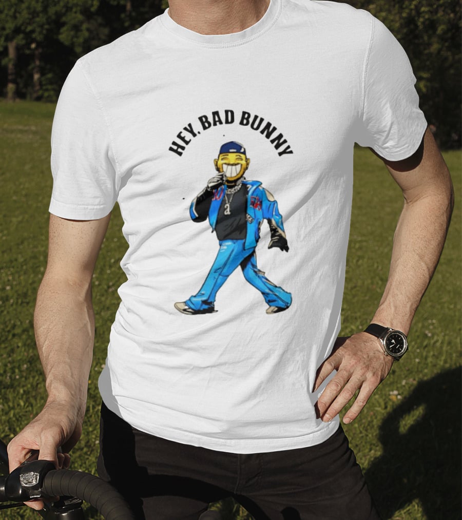 HEY BAD BUNNY Blue Jacket Character Black Outfit Chains T-Shirt