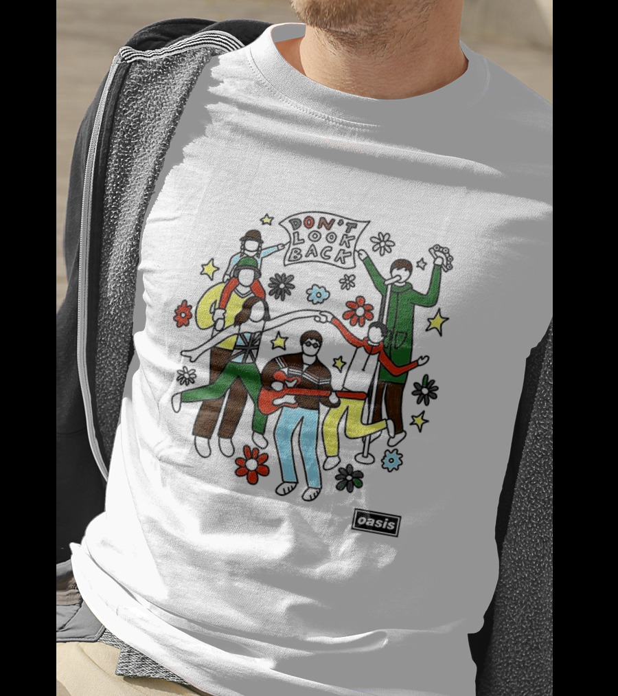 Oasis Don't Look Back Band Scene With Instruments And Flowers T-Shirt