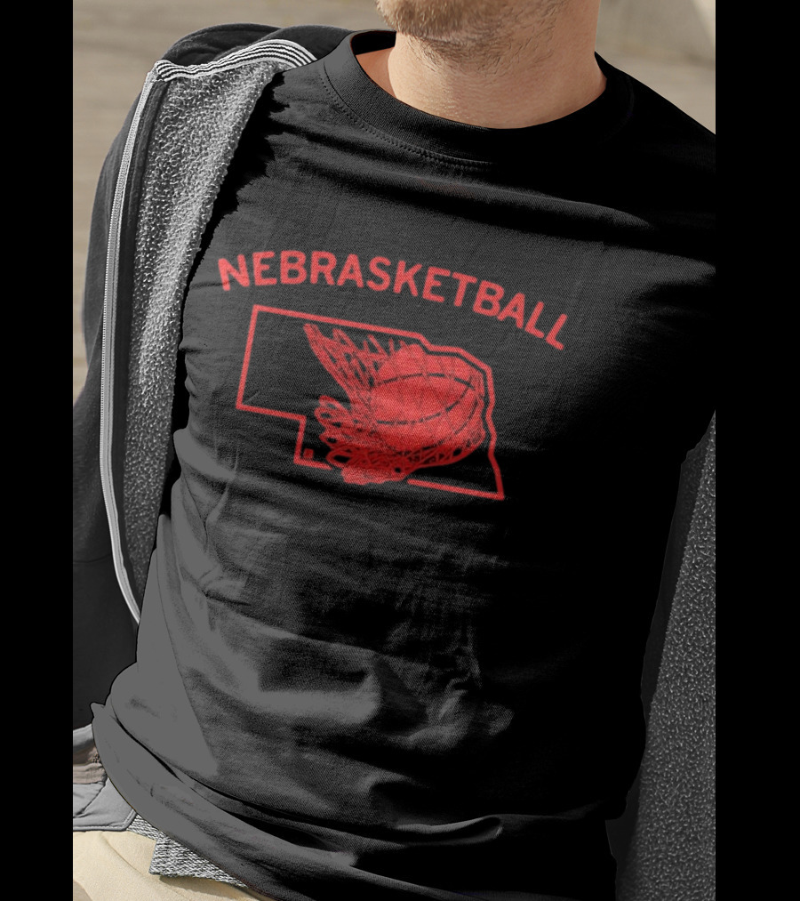 Nebrasketball Nebraska Basketball Red State Silhouette Basketball Net T-Shirt