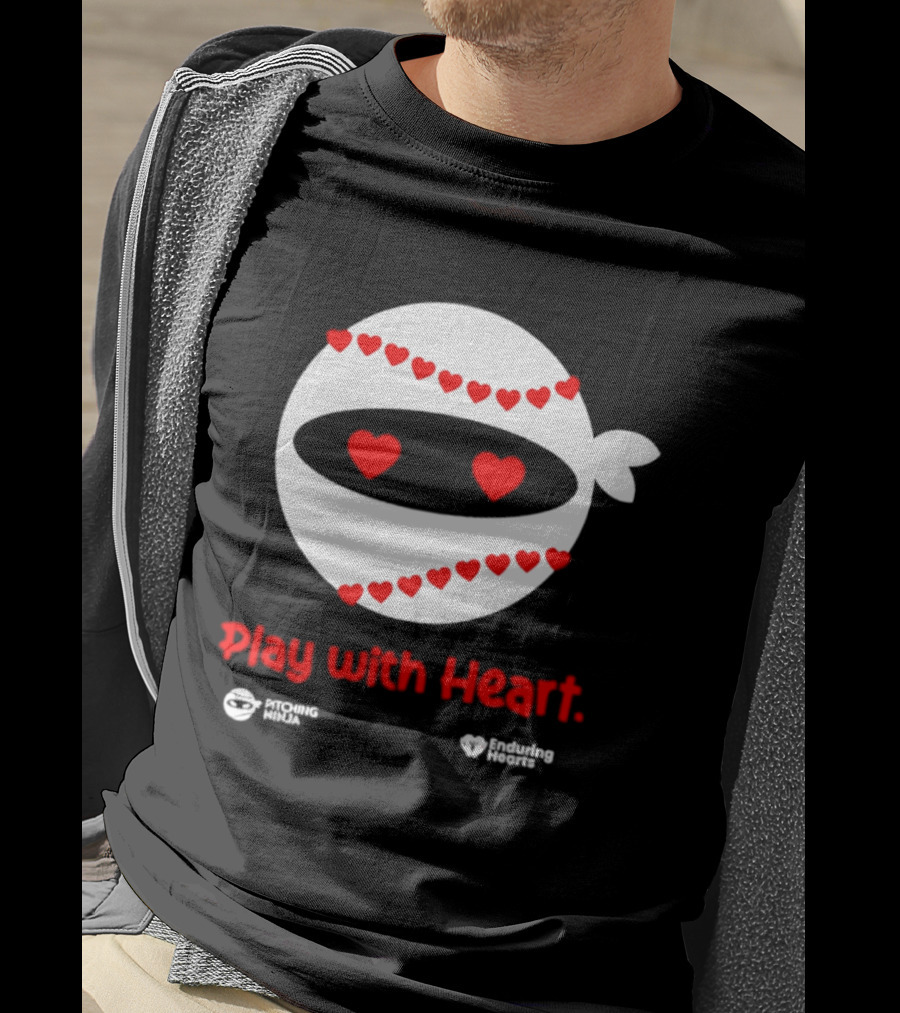 Pitching Ninja Play With Heart Red Love Hearts Baseball T-Shirt