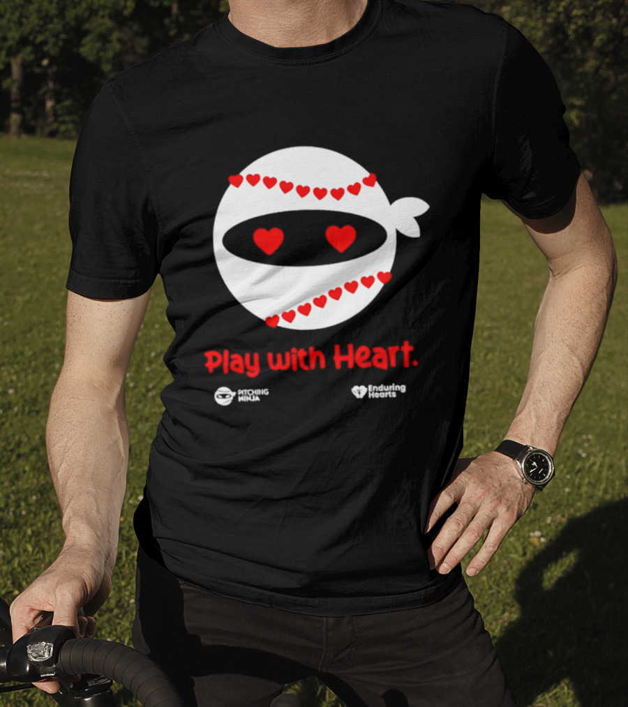 Pitching Ninja Play With Heart Red Love Hearts Baseball T-Shirt