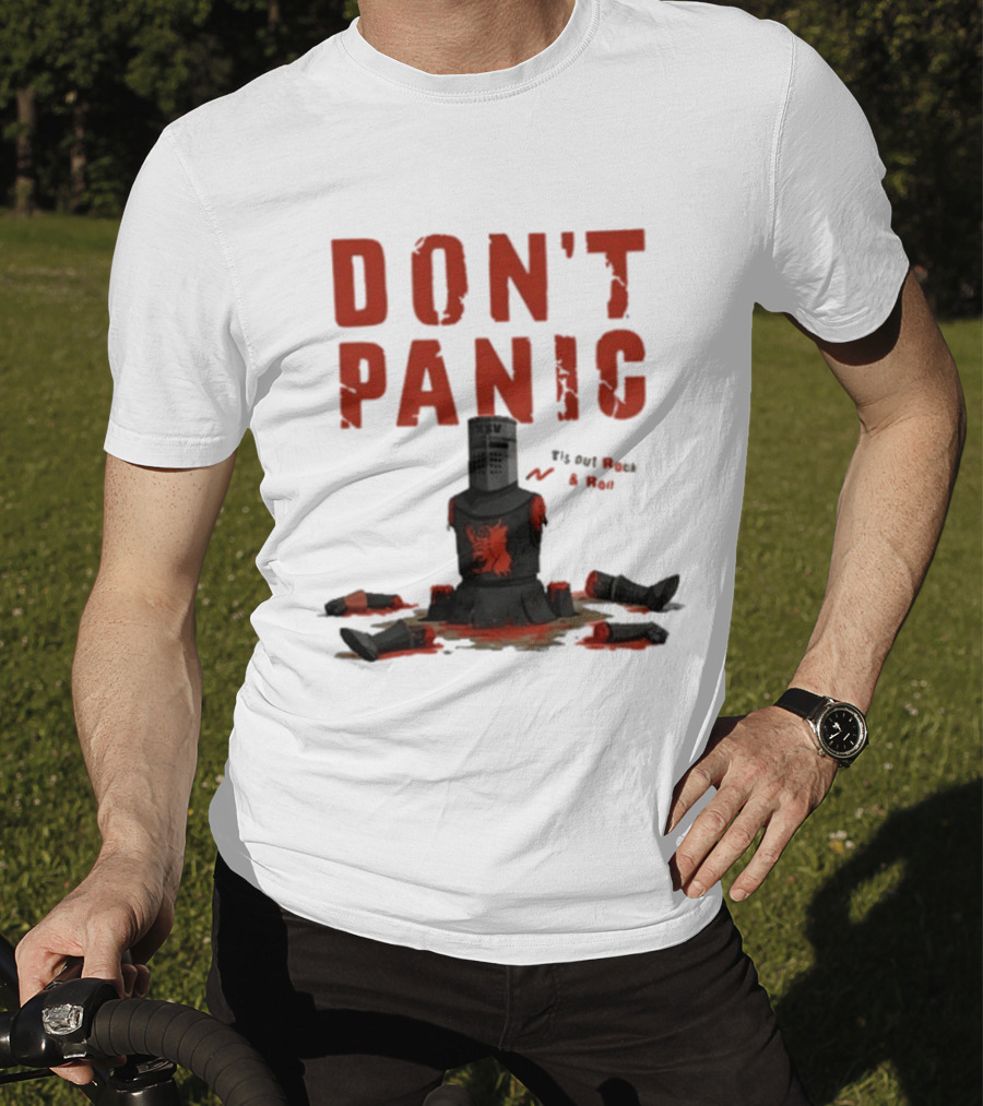 Don't Panic Monty Python Black Knight Sitting In Limbs T-Shirt