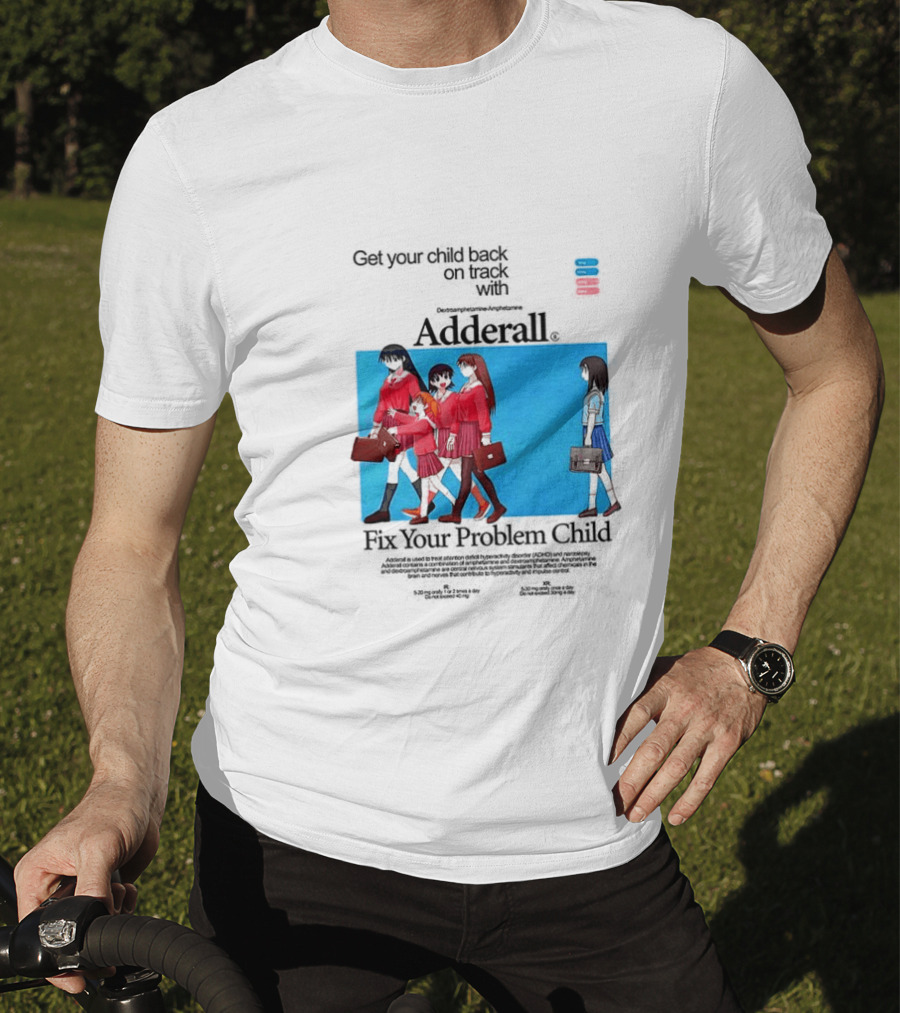 Get Your Problem Child Back On Track With Adderall Anime Girls In Red Uniforms With Briefcases And Pills T-Shirt