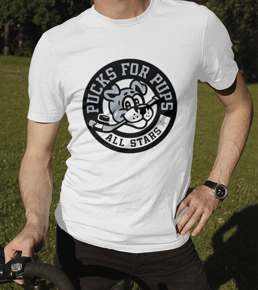 Pucks For Pups All Stars Hockey Dog With Hockey Stick T-Shirt