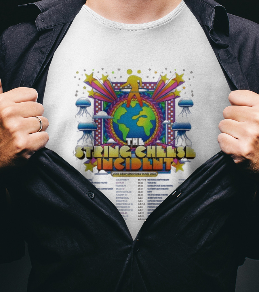 The String Cheese Incident Just Keep Spinning Tour 2026 North America Dates Psychedelic Globe And Jellyfish Motif T-Shirt